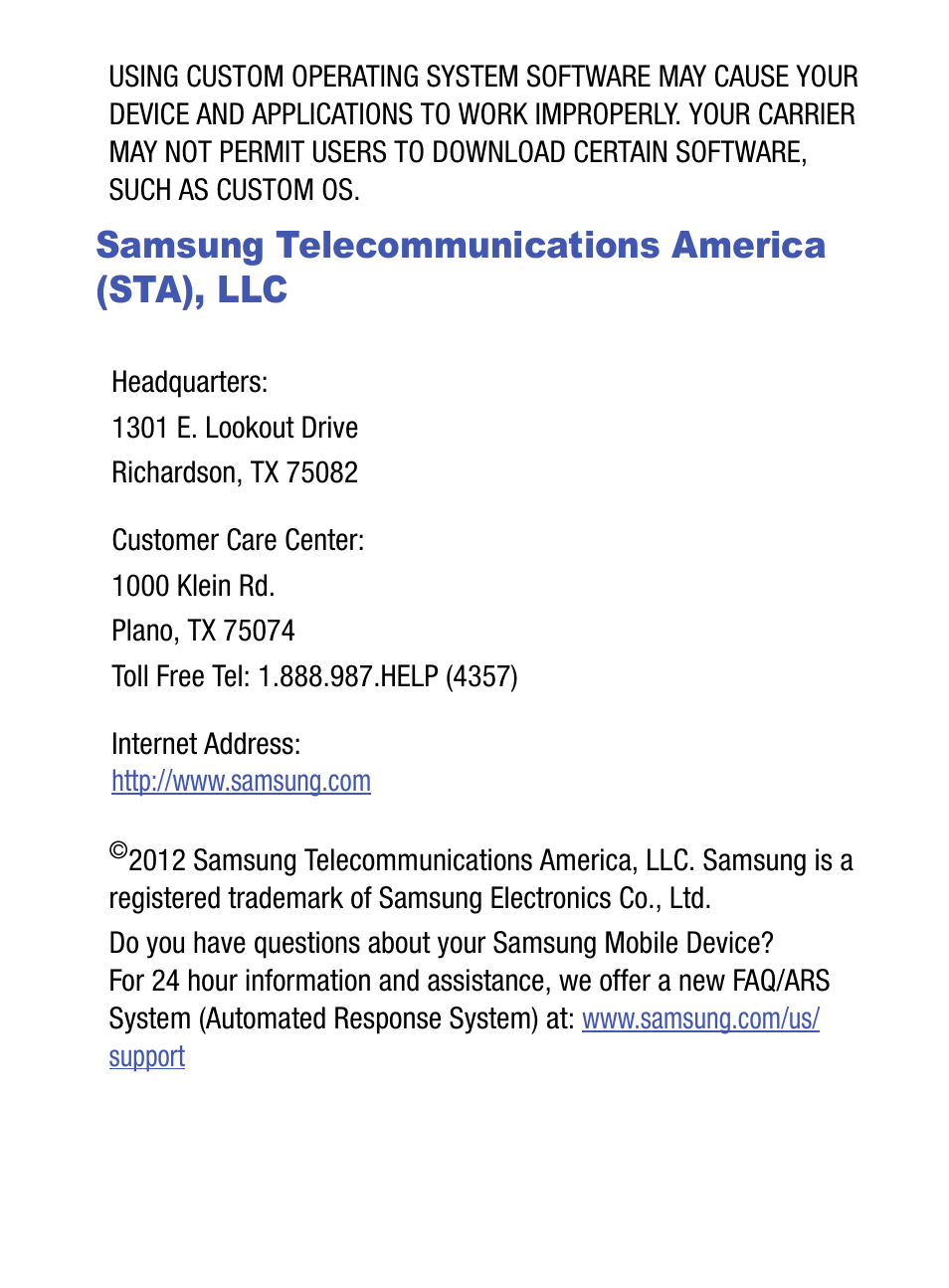 Samsung telecommunications america (sta), llc | Samsung SGH-S150ZKATFN User Manual | Page 4 / 130