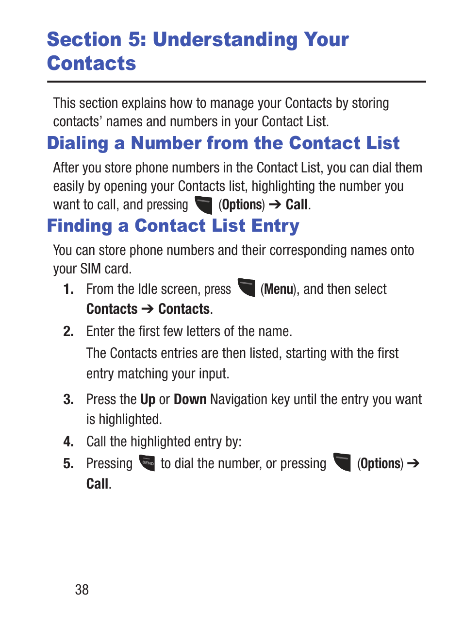 Section 5: understanding your contacts, Dialing a number from the contact list, Finding a contact list entry | Samsung SGH-S150ZKATFN User Manual | Page 44 / 130