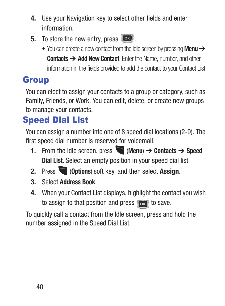 Group, Speed dial list, Group speed dial list | Samsung SGH-S150ZKATFN User Manual | Page 46 / 130