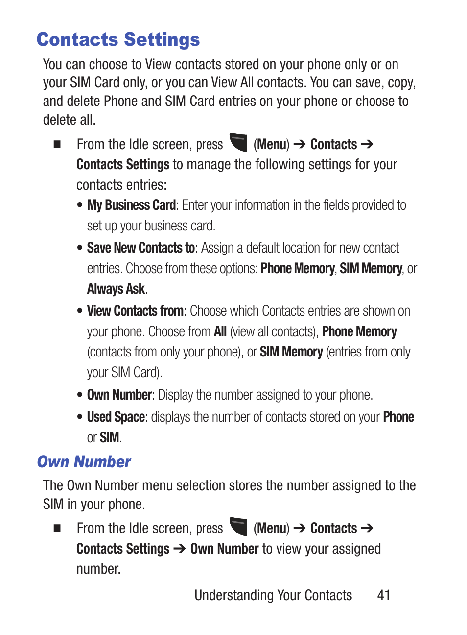 Contacts settings, Own number | Samsung SGH-S150ZKATFN User Manual | Page 47 / 130