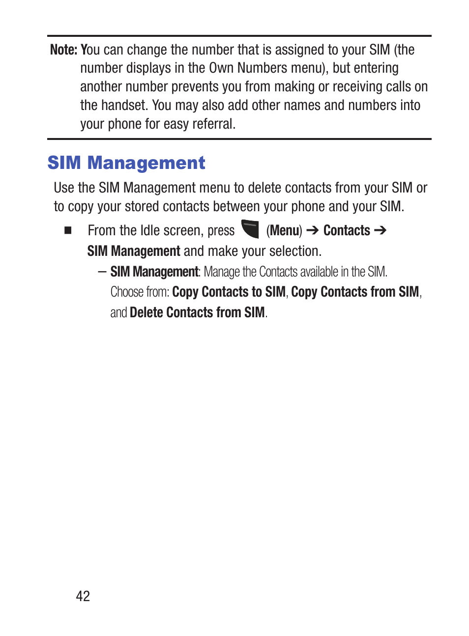 Sim management | Samsung SGH-S150ZKATFN User Manual | Page 48 / 130