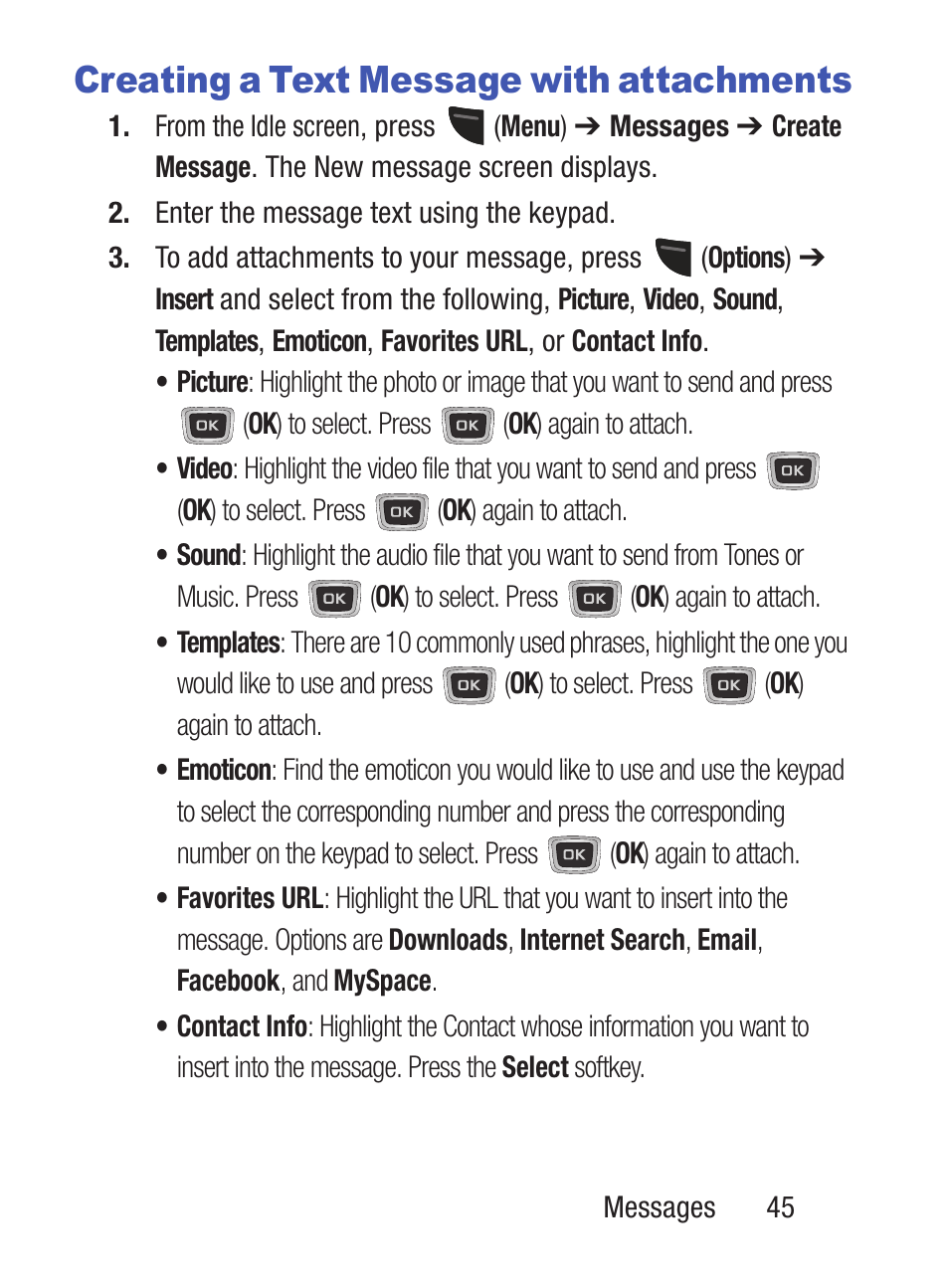Creating a text message with attachments | Samsung SGH-S150ZKATFN User Manual | Page 51 / 130