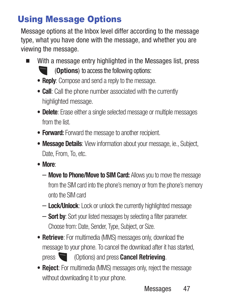 Using message options | Samsung SGH-S150ZKATFN User Manual | Page 53 / 130