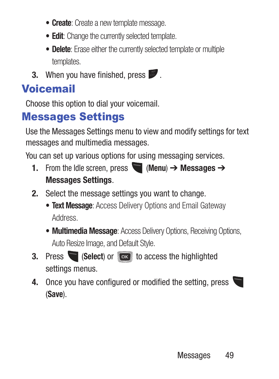 Voicemail, Messages settings, Voicemail messages settings | Samsung SGH-S150ZKATFN User Manual | Page 55 / 130