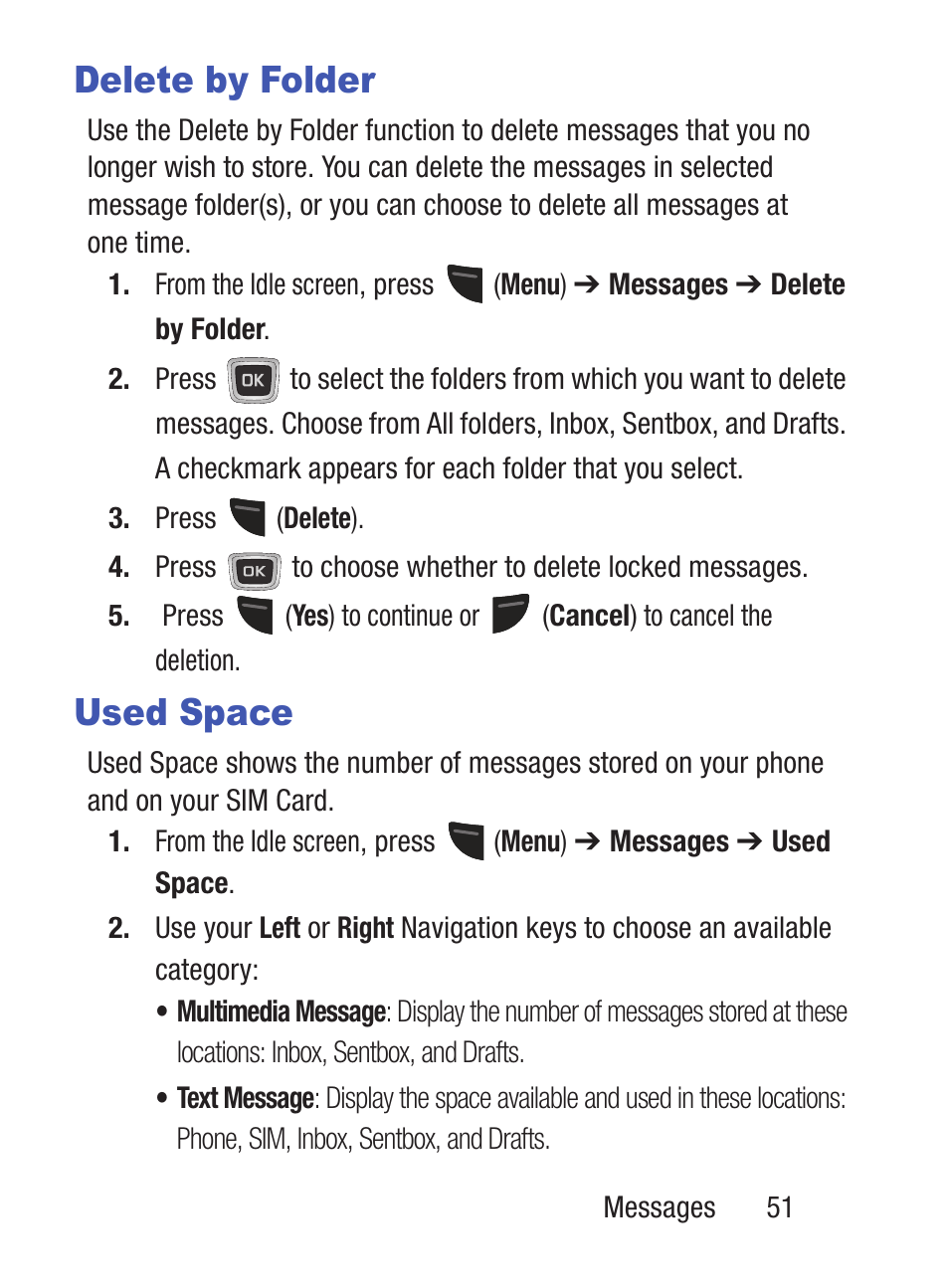 Delete by folder, Used space, Delete by folder used space | Samsung SGH-S150ZKATFN User Manual | Page 57 / 130
