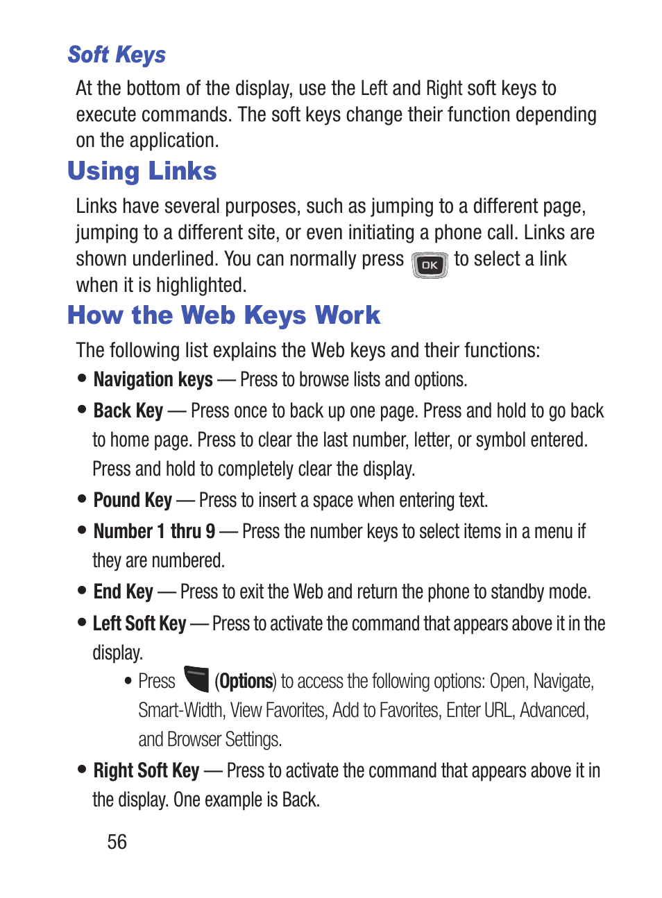 Using links, How the web keys work, Using links how the web keys work | Samsung SGH-S150ZKATFN User Manual | Page 62 / 130