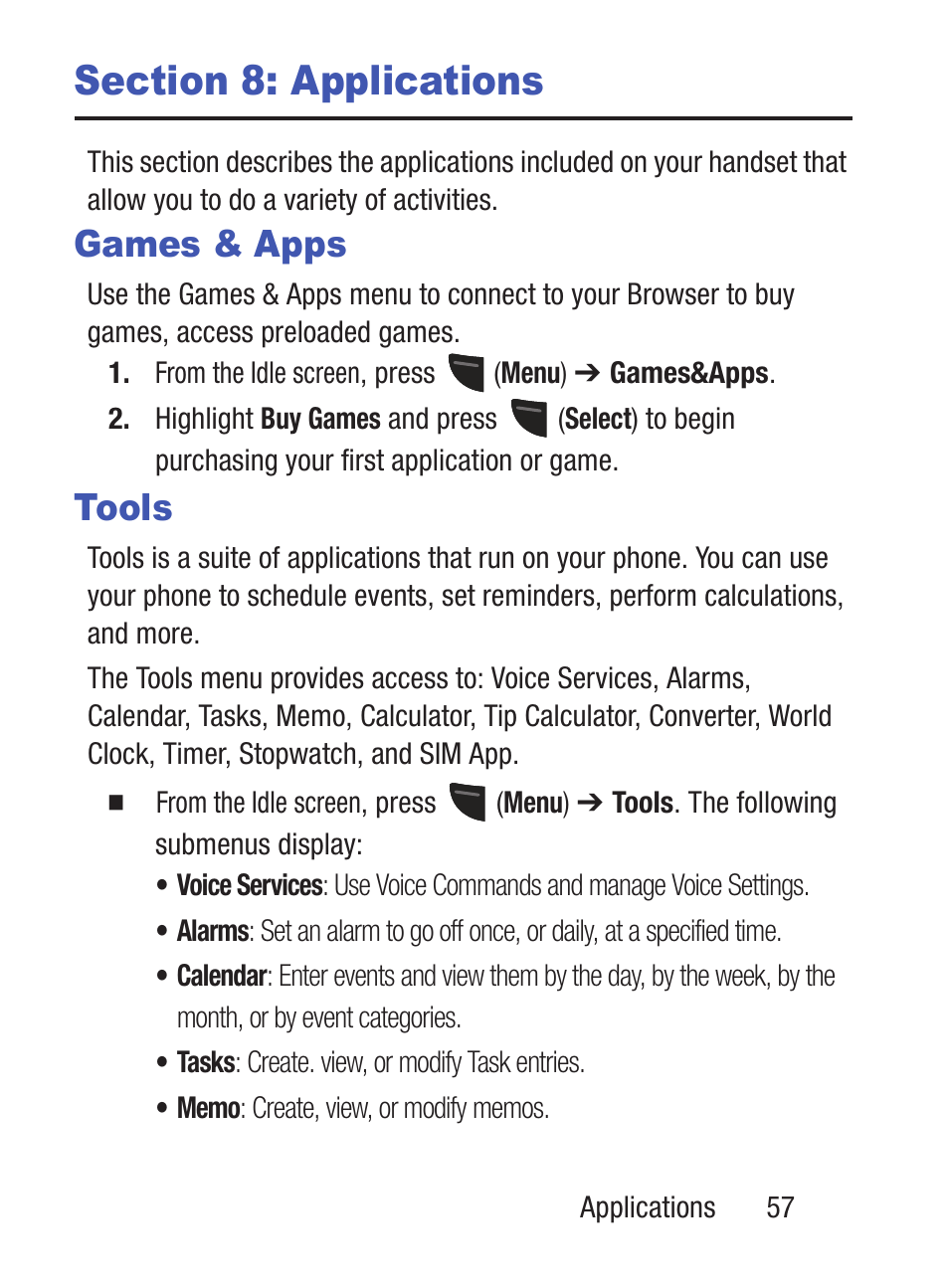 Section 8: applications, Games & apps, Tools | Games & apps tools | Samsung SGH-S150ZKATFN User Manual | Page 63 / 130