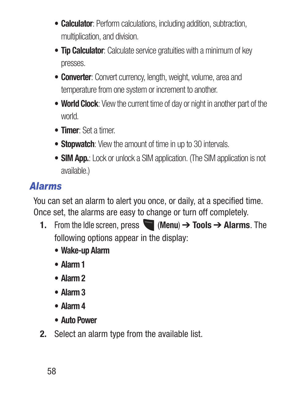 Alarms | Samsung SGH-S150ZKATFN User Manual | Page 64 / 130