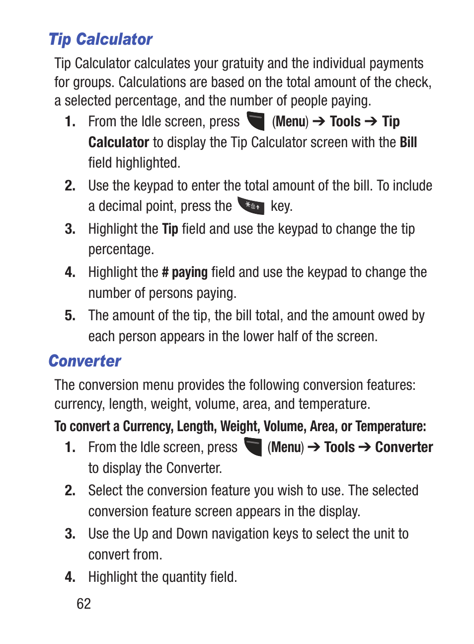 Tip calculator, Converter | Samsung SGH-S150ZKATFN User Manual | Page 68 / 130