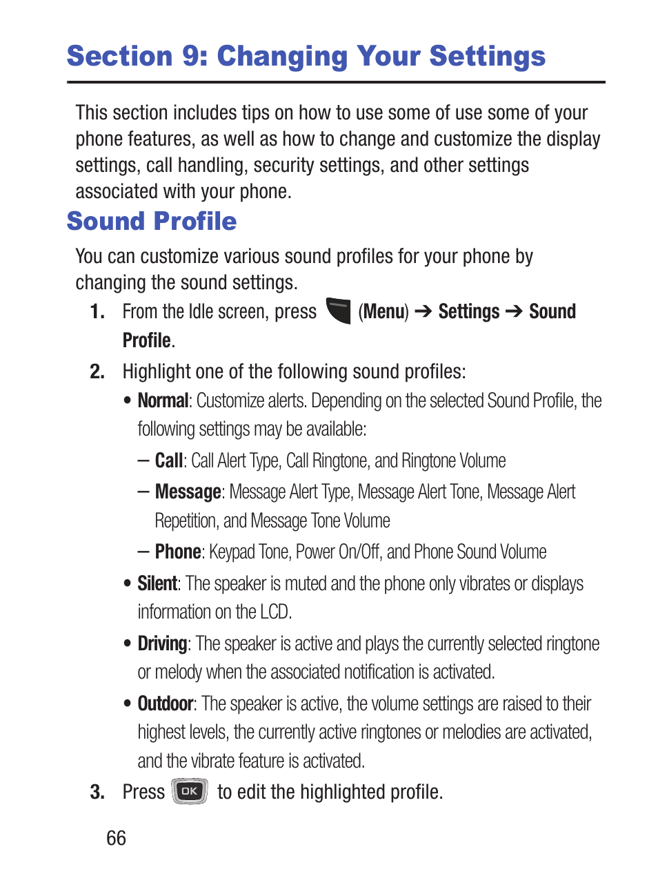 Section 9: changing your settings, Sound profile | Samsung SGH-S150ZKATFN User Manual | Page 72 / 130