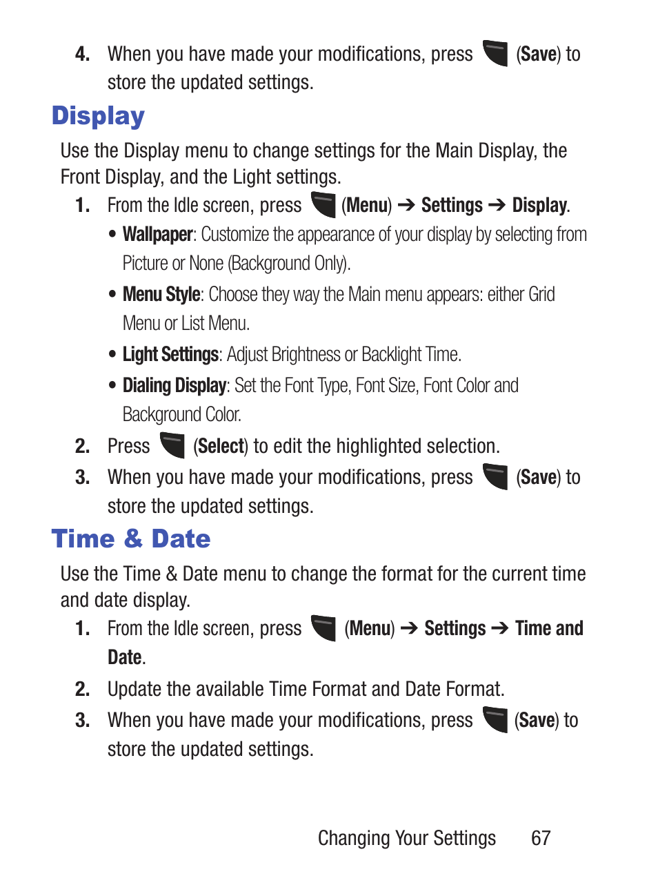 Display, Time & date, Display time & date | Samsung SGH-S150ZKATFN User Manual | Page 73 / 130