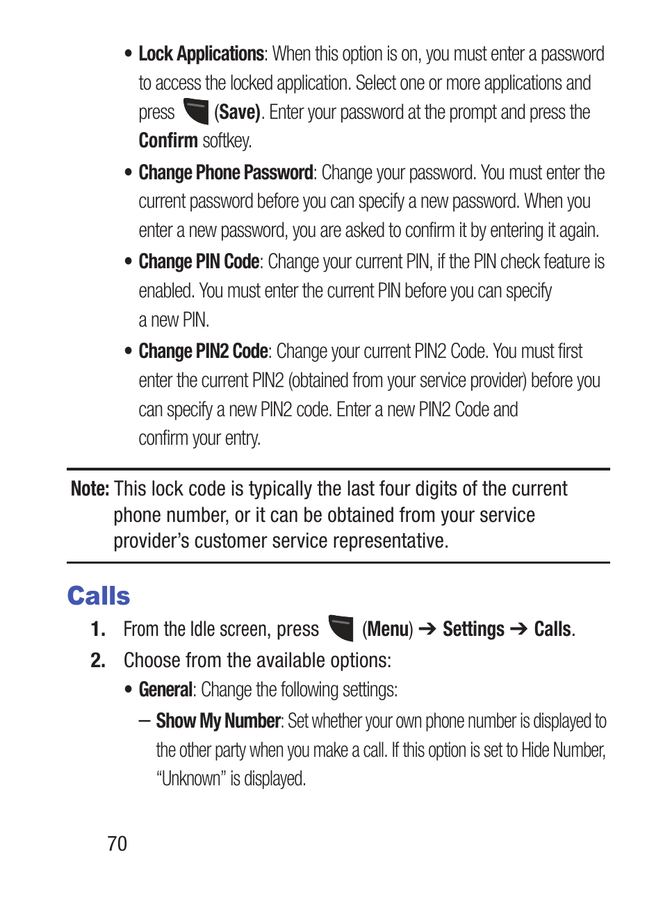 Calls | Samsung SGH-S150ZKATFN User Manual | Page 76 / 130