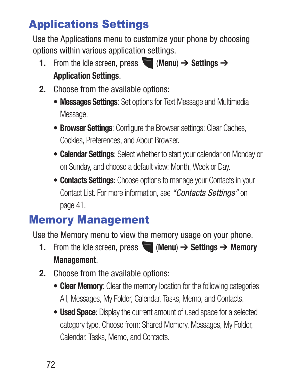 Applications settings, Memory management, Applications settings memory management | Samsung SGH-S150ZKATFN User Manual | Page 78 / 130