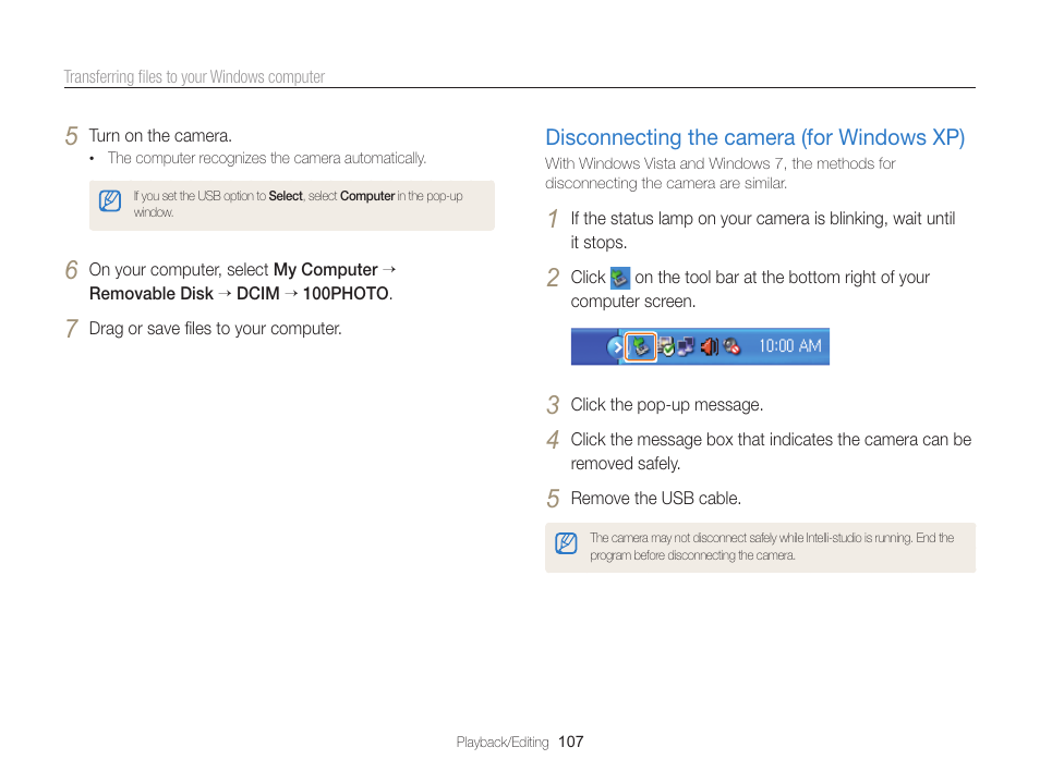 Disconnecting the camera (for windows xp), Disconnecting the camera, For windows xp) ……………………… 107 | Samsung EC-WB750ZBPBUS User Manual | Page 108 / 145