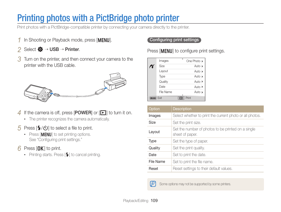 Printing photos with a pictbridge photo printer, Printing photos with a, Pictbridge photo printer | Samsung EC-WB750ZBPBUS User Manual | Page 110 / 145