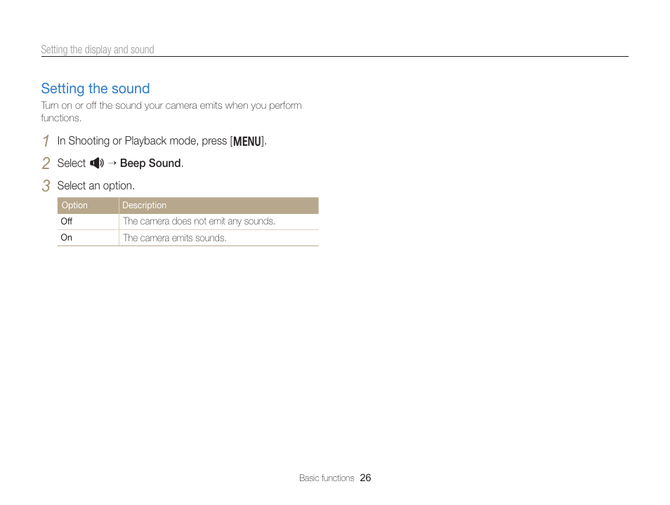 Setting the sound, Setting the sound ………………………… 26 | Samsung EC-WB750ZBPBUS User Manual | Page 27 / 145