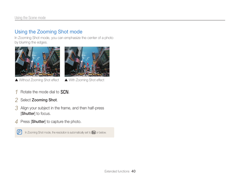 Using the zooming shot mode, Using the zooming shot mode …………… 40 | Samsung EC-WB750ZBPBUS User Manual | Page 41 / 145