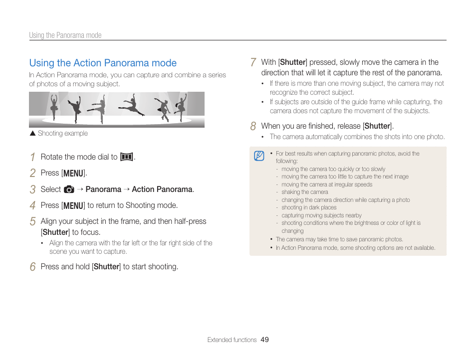 Using the action panorama mode, Using the action panorama mode ……… 49 | Samsung EC-WB750ZBPBUS User Manual | Page 50 / 145