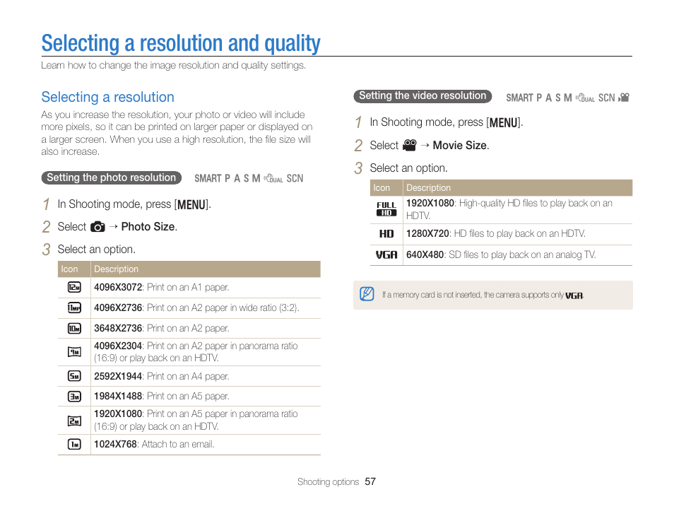 Selecting a resolution and quality, Selecting a resolution, Selecting a resolution …………………… 57 | Samsung EC-WB750ZBPBUS User Manual | Page 58 / 145