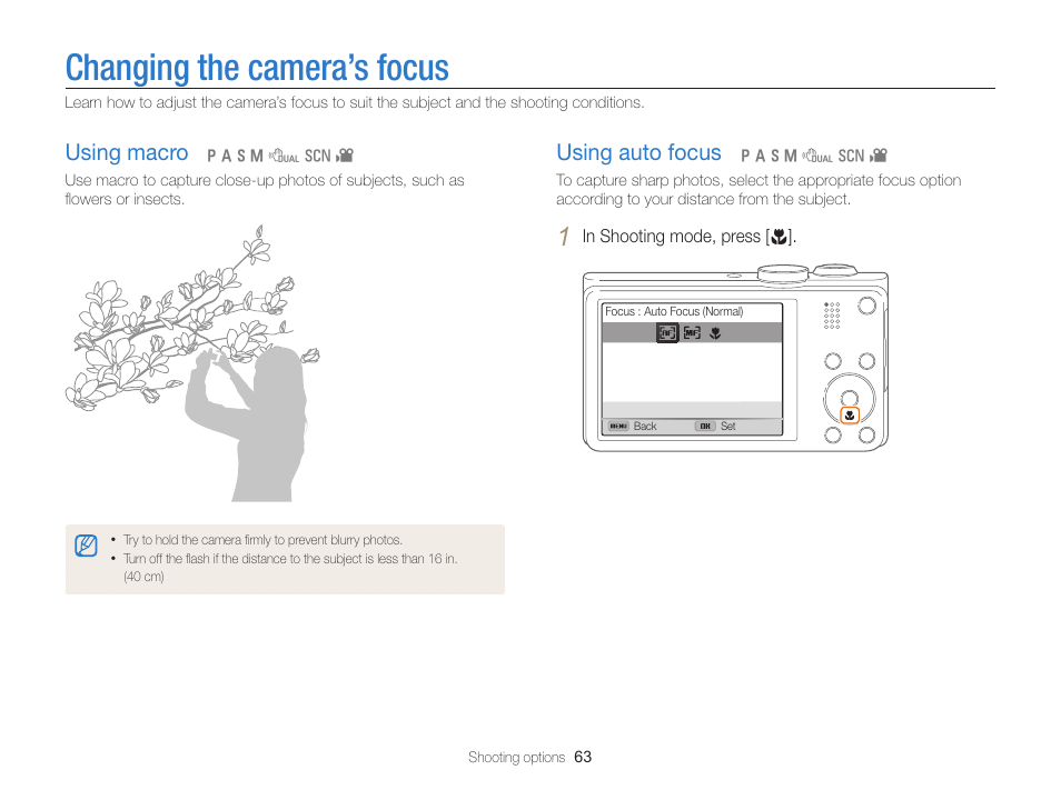 Changing the camera’s focus, Using macro, Using auto focus | Using macro ……………………………… 63, Using auto focus ………………………… 63 | Samsung EC-WB750ZBPBUS User Manual | Page 64 / 145