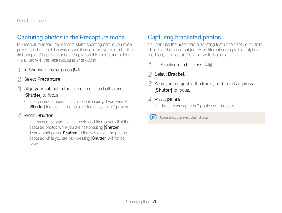 Capturing photos in the precapture mode, Capturing bracketed photos, Capturing photos in the | Precapture mode ………………………… 78, Capturing bracketed photos ……………… 78 | Samsung EC-WB750ZBPBUS User Manual | Page 79 / 145