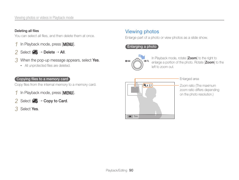 Viewing photos, Viewing photos …………………………… 90 | Samsung EC-WB750ZBPBUS User Manual | Page 91 / 145