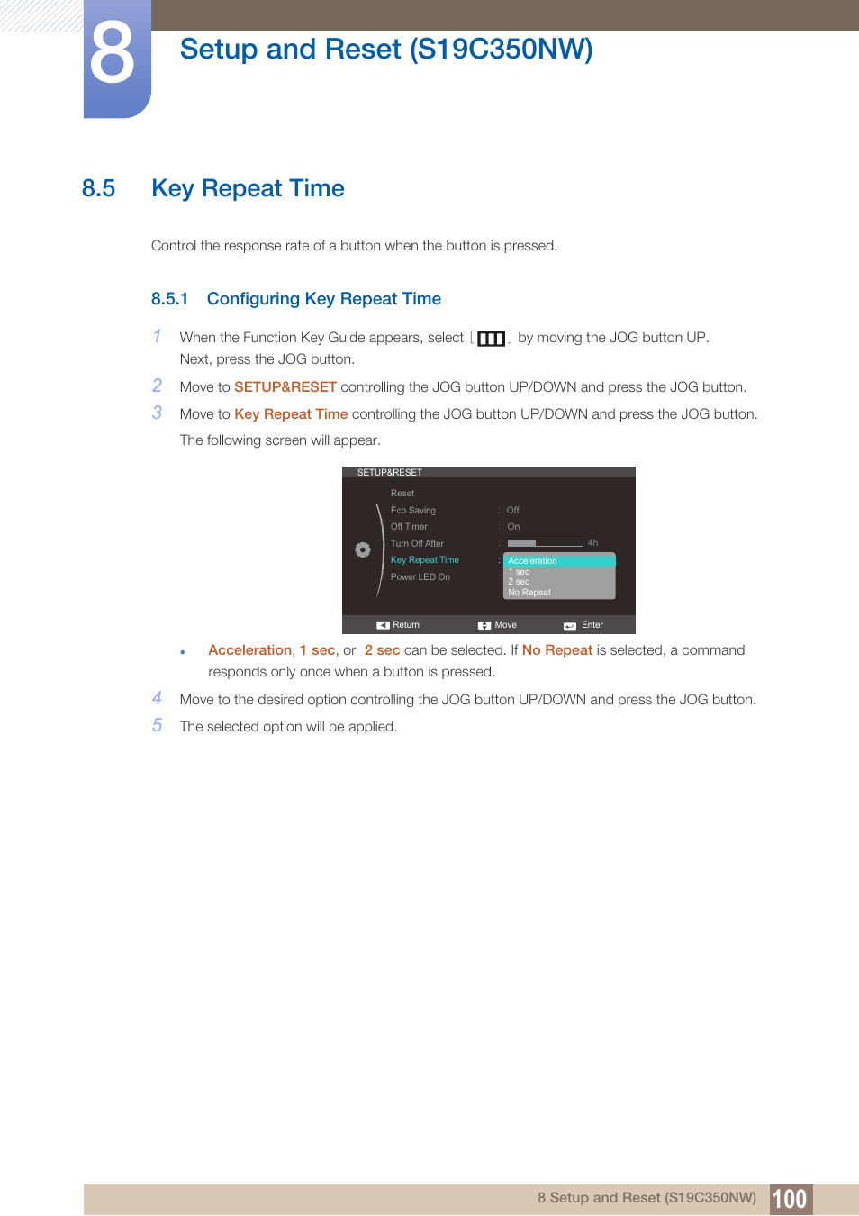 5 key repeat time, 1 configuring key repeat time, Key repeat time | Configuring key repeat time | Samsung LS27C350HS-ZA User Manual | Page 100 / 157