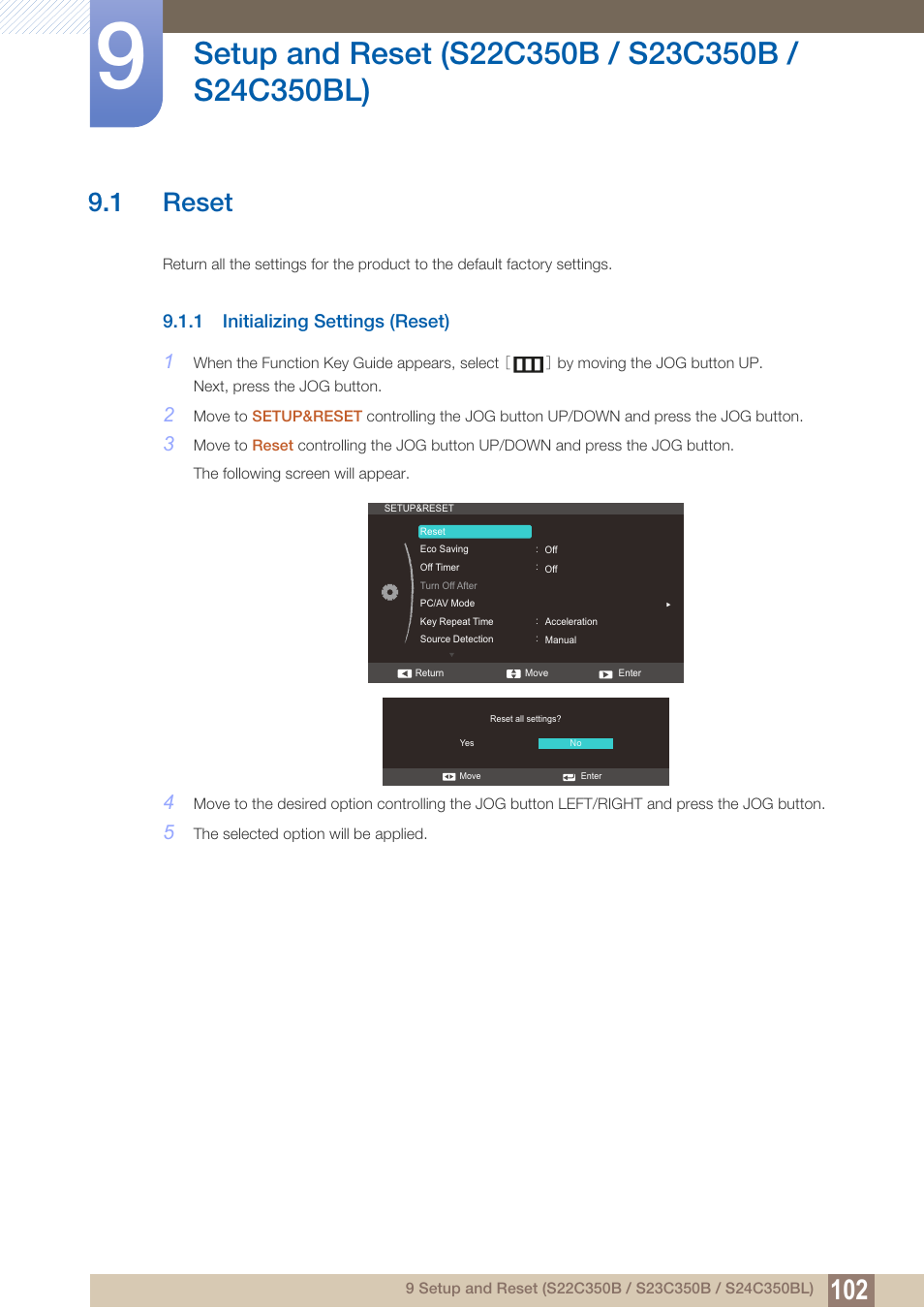 Setup and reset (s22c350b / s23c350b / s24c350bl), 1 reset, 1 initializing settings (reset) | Setup and reset, S22c350b / s23c350b, S24c350bl), Reset, Initializing settings (reset) | Samsung LS27C350HS-ZA User Manual | Page 102 / 157