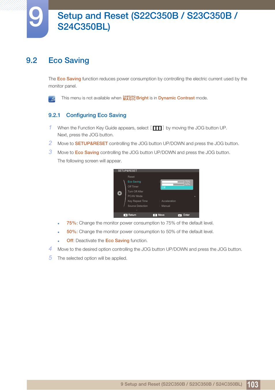 2 eco saving, 1 configuring eco saving, Eco saving | Configuring eco saving | Samsung LS27C350HS-ZA User Manual | Page 103 / 157