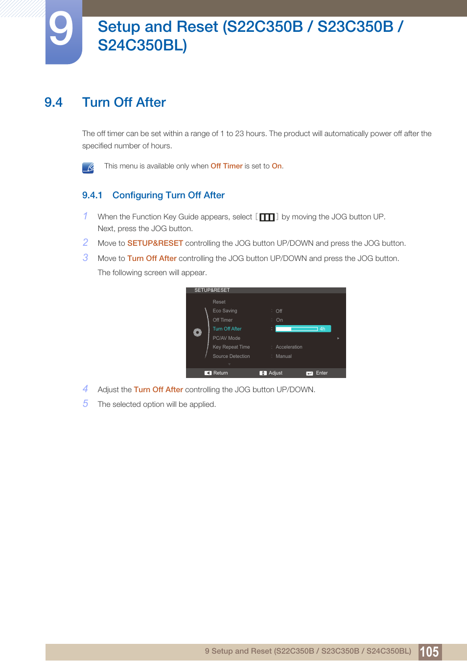 4 turn off after, 1 configuring turn off after, Turn off after | Configuring turn off after | Samsung LS27C350HS-ZA User Manual | Page 105 / 157