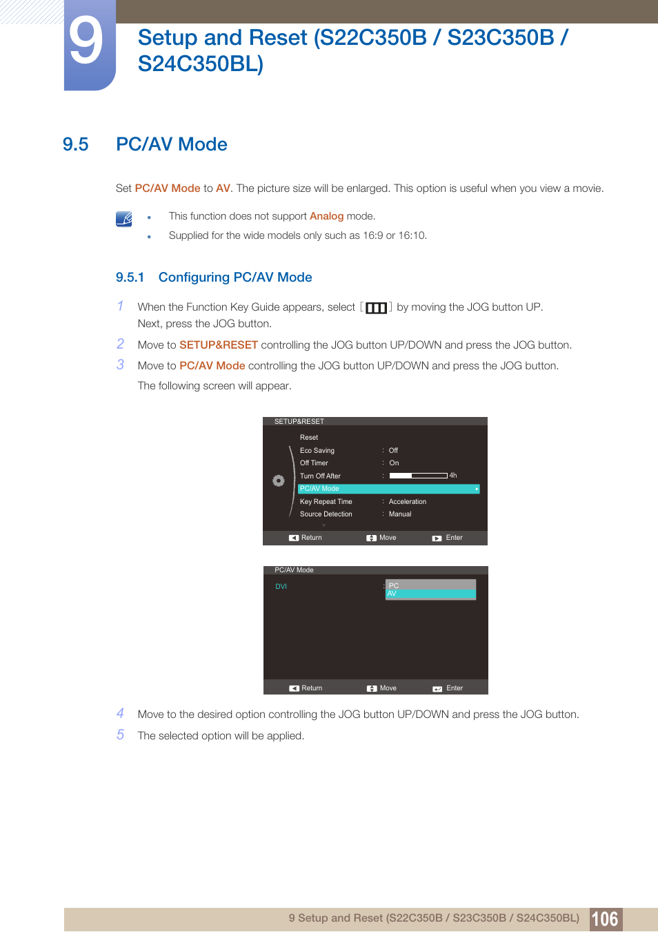 5 pc/av mode, 1 configuring pc/av mode, Pc/av mode | Configuring pc/av mode | Samsung LS27C350HS-ZA User Manual | Page 106 / 157