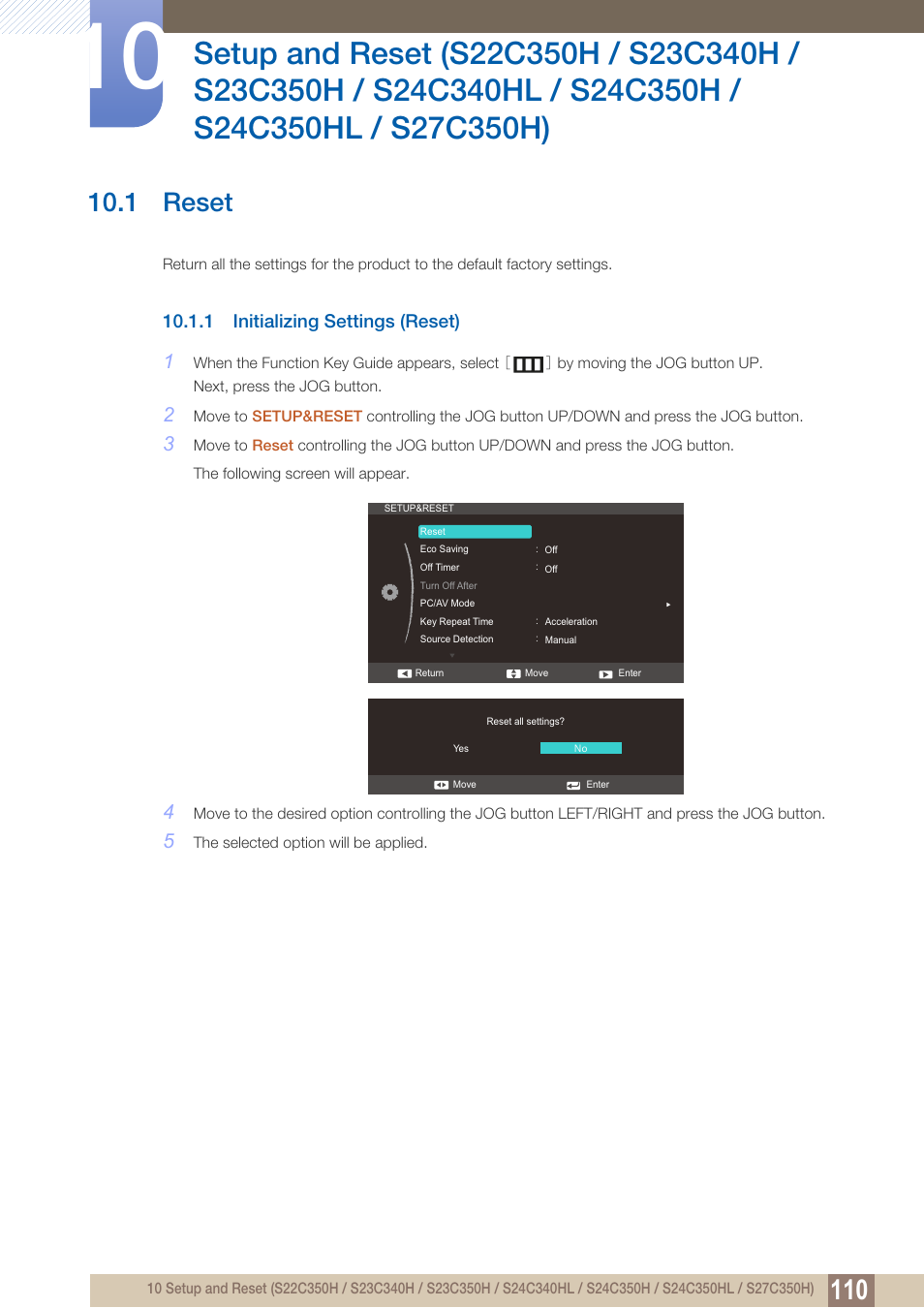 1 reset, 1 initializing settings (reset), Setup and reset | S22c350h / s23c340h, S23c350h / s24c340hl / s24c350h / s24c350hl, S27c350h), Reset, Initializing settings (reset) | Samsung LS27C350HS-ZA User Manual | Page 110 / 157