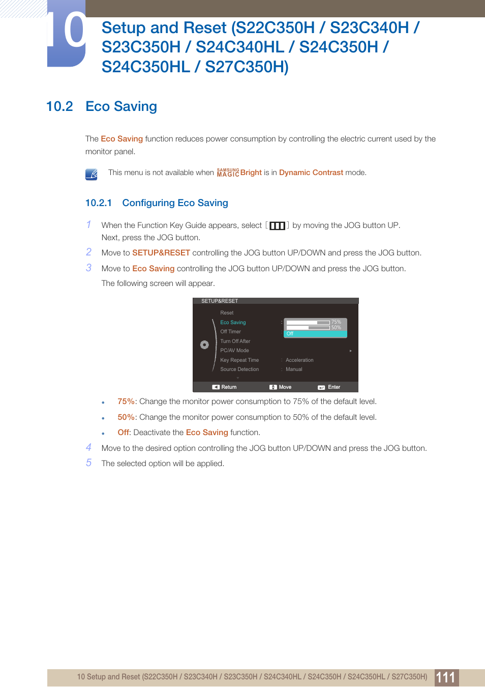 2 eco saving, 1 configuring eco saving, Eco saving | Configuring eco saving | Samsung LS27C350HS-ZA User Manual | Page 111 / 157