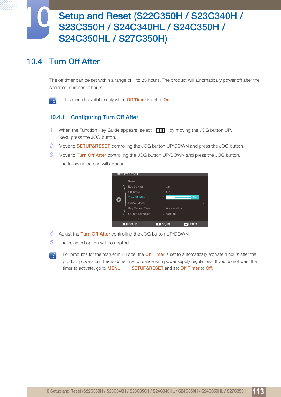 4 turn off after, 1 configuring turn off after, Turn off after | Configuring turn off after | Samsung LS27C350HS-ZA User Manual | Page 113 / 157