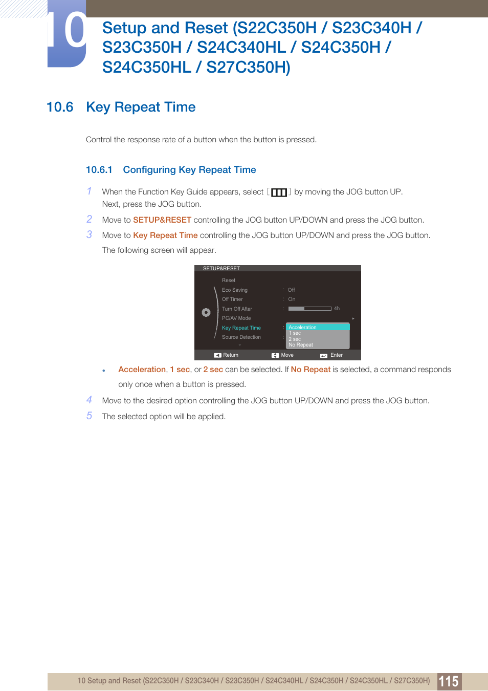 6 key repeat time, 1 configuring key repeat time, Key repeat time | Configuring key repeat time | Samsung LS27C350HS-ZA User Manual | Page 115 / 157