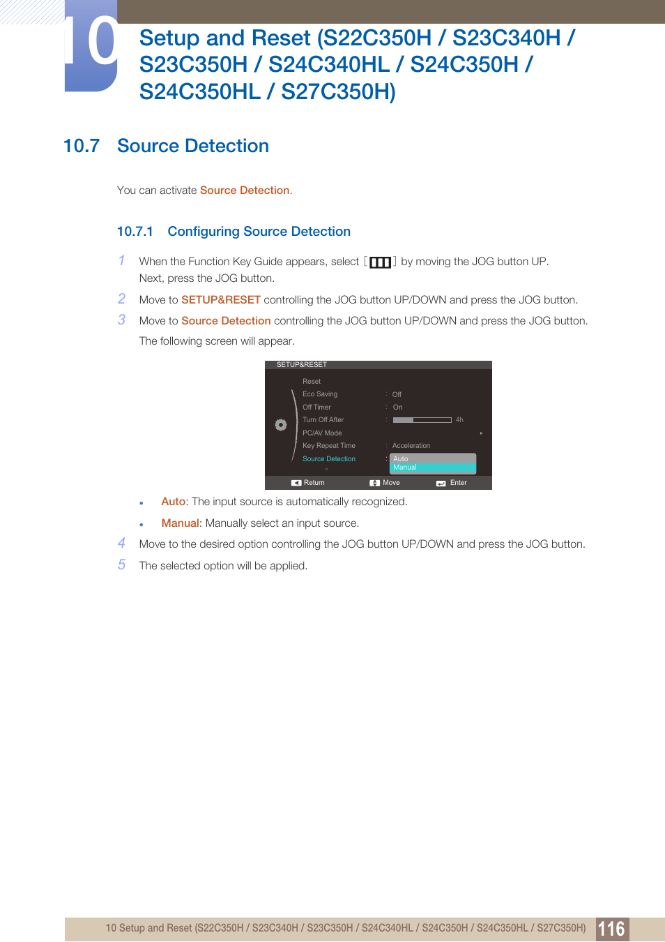 7 source detection, 1 configuring source detection, Source detection | Configuring source detection | Samsung LS27C350HS-ZA User Manual | Page 116 / 157