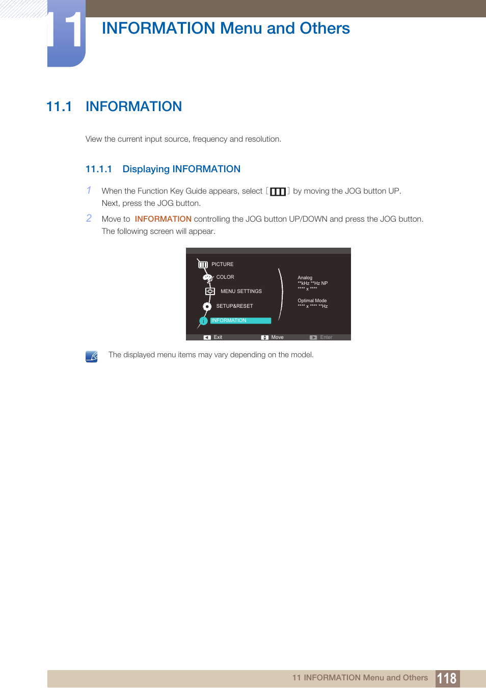 Information menu and others, 1 information, 1 displaying information | Information menu and, Others, Information, Displaying information | Samsung LS27C350HS-ZA User Manual | Page 118 / 157