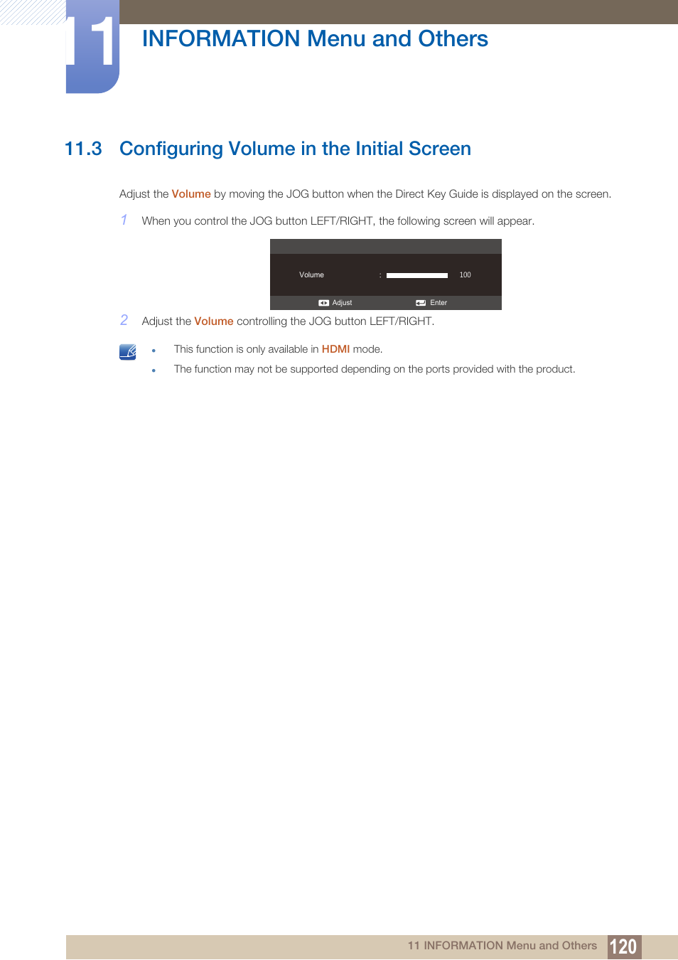 3 configuring volume in the initial screen, Configuring volume in the initial screen, Information menu and others | Samsung LS27C350HS-ZA User Manual | Page 120 / 157