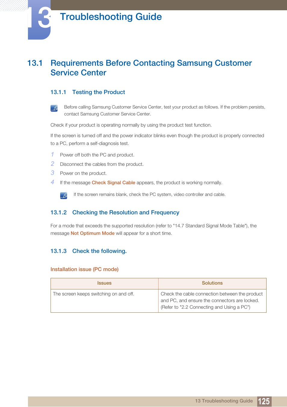 Troubleshooting guide, 1 testing the product, 2 checking the resolution and frequency | 3 check the following, Troubleshooting, Guide, Testing the product, Checking the resolution and frequency, Check the following | Samsung LS27C350HS-ZA User Manual | Page 125 / 157