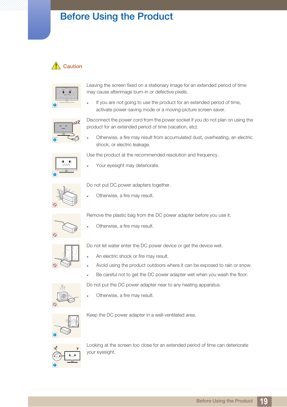 Before using the product, Caution | Samsung LS27C350HS-ZA User Manual | Page 19 / 157