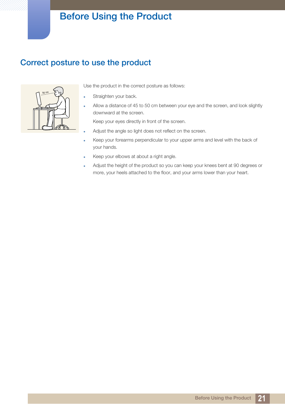 Correct posture to use the product, Before using the product | Samsung LS27C350HS-ZA User Manual | Page 21 / 157