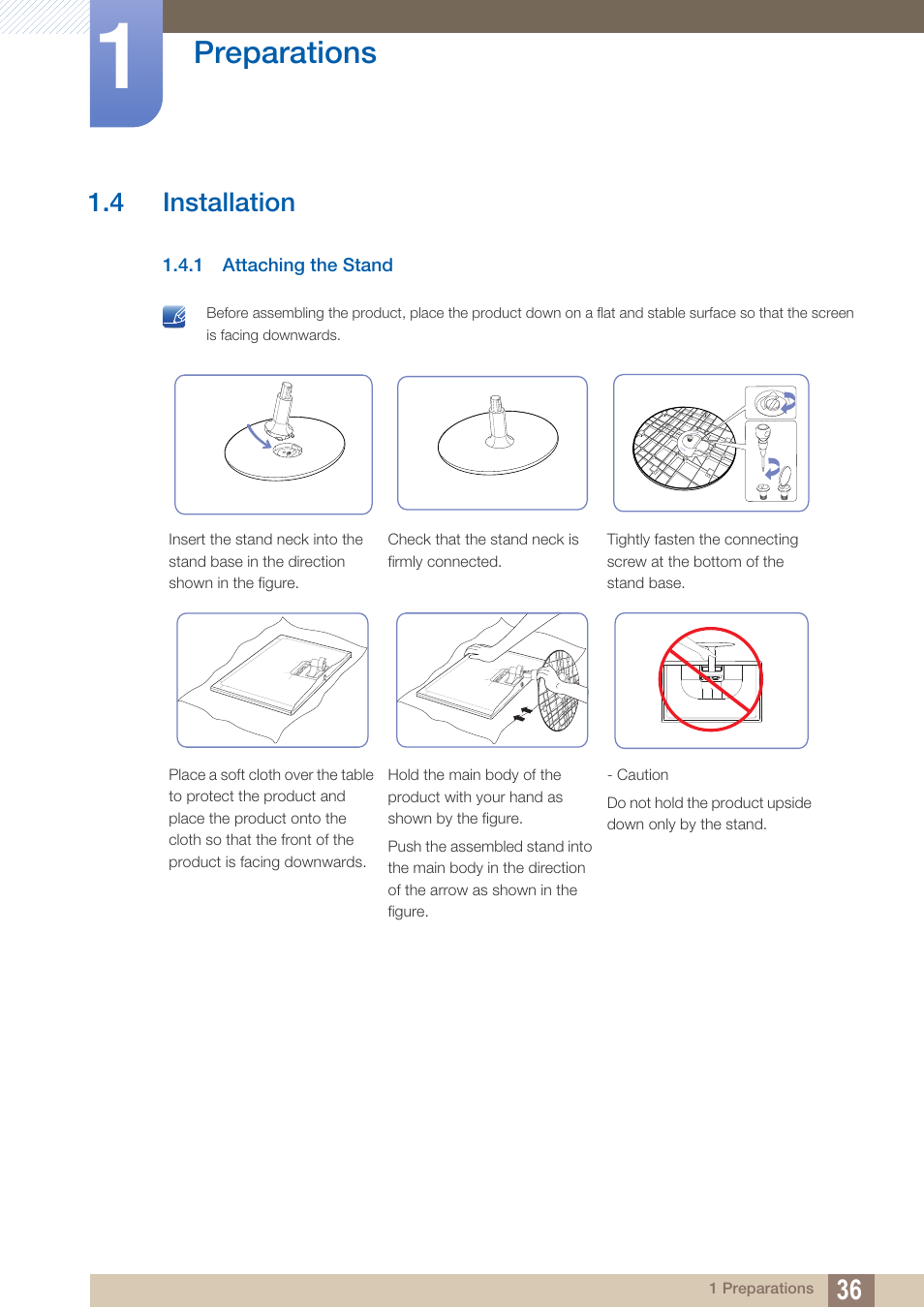 4 installation, 1 attaching the stand, Installation | Attaching the stand, Preparations | Samsung LS27C350HS-ZA User Manual | Page 36 / 157