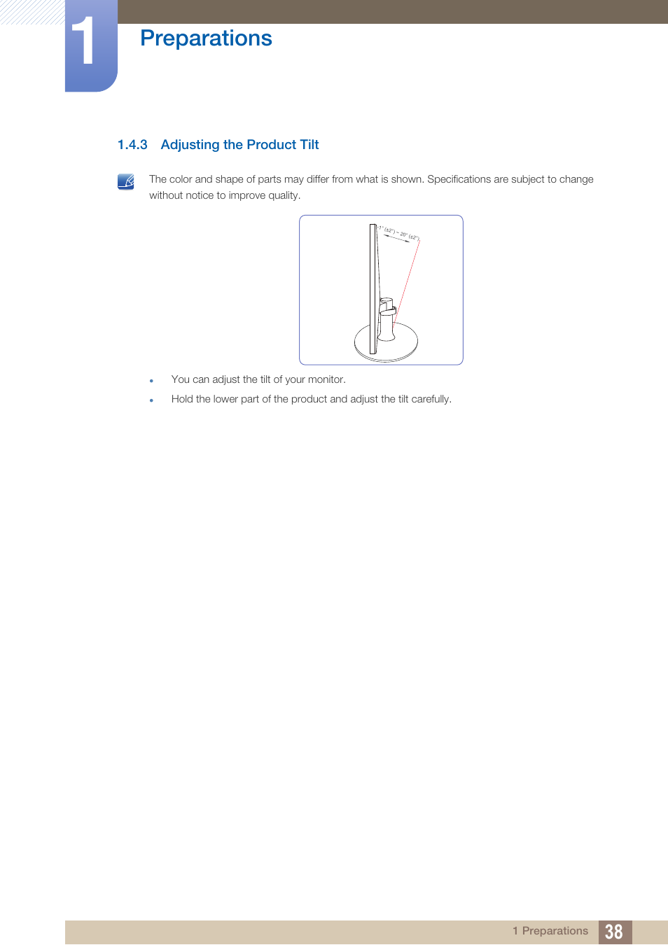 3 adjusting the product tilt, Adjusting the product tilt, Preparations | Samsung LS27C350HS-ZA User Manual | Page 38 / 157