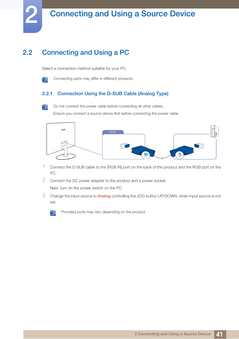 2 connecting and using a pc, 1 connection using the d-sub cable (analog type), Connecting and using a pc | Connection using the d-sub cable (analog type), Connecting and using a source device | Samsung LS27C350HS-ZA User Manual | Page 41 / 157