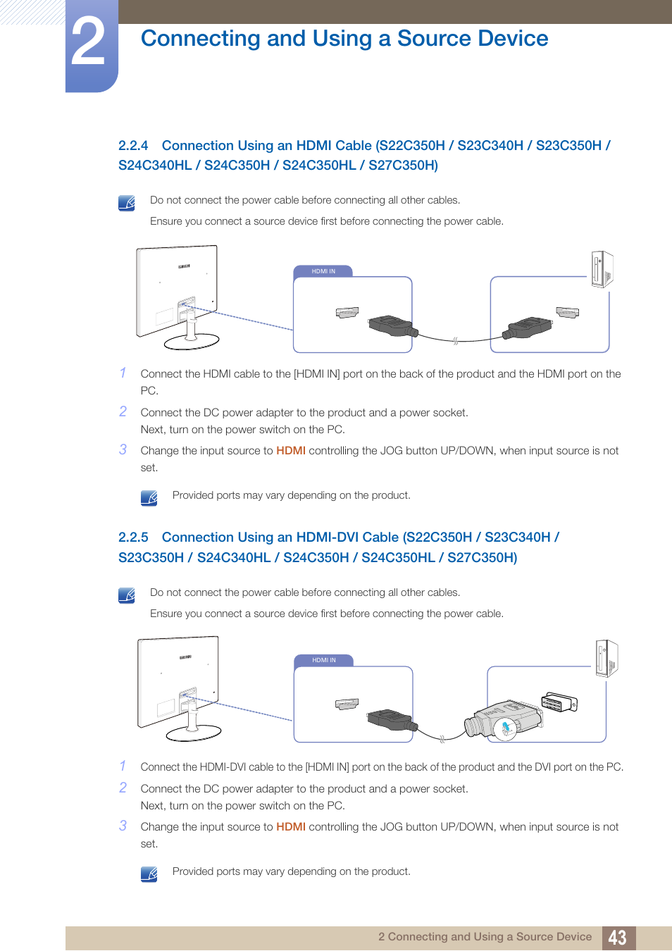 Connecting and using a source device | Samsung LS27C350HS-ZA User Manual | Page 43 / 157