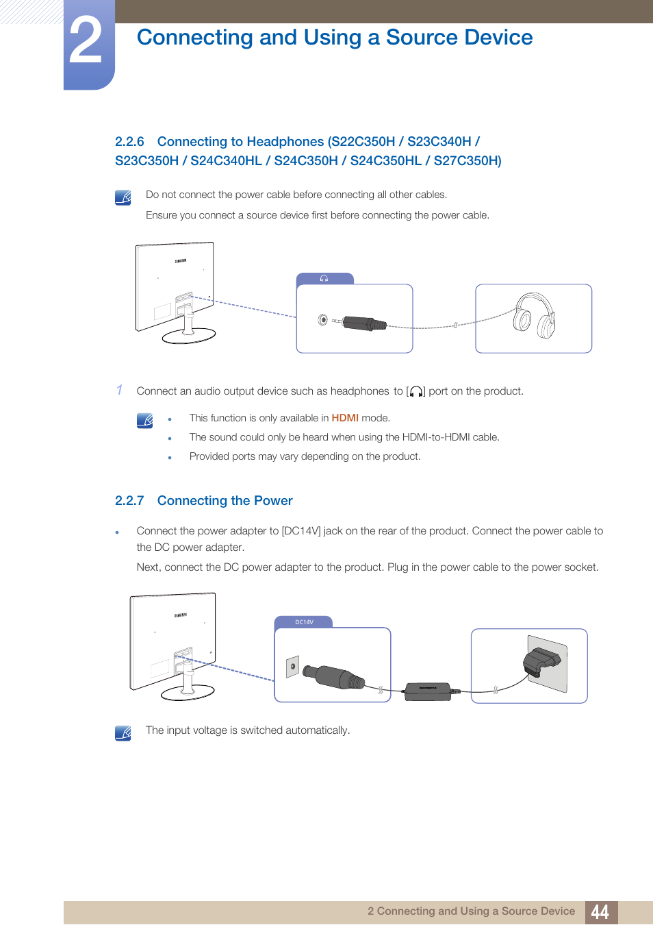 7 connecting the power, Connecting the power, Connecting and using a source device | Samsung LS27C350HS-ZA User Manual | Page 44 / 157