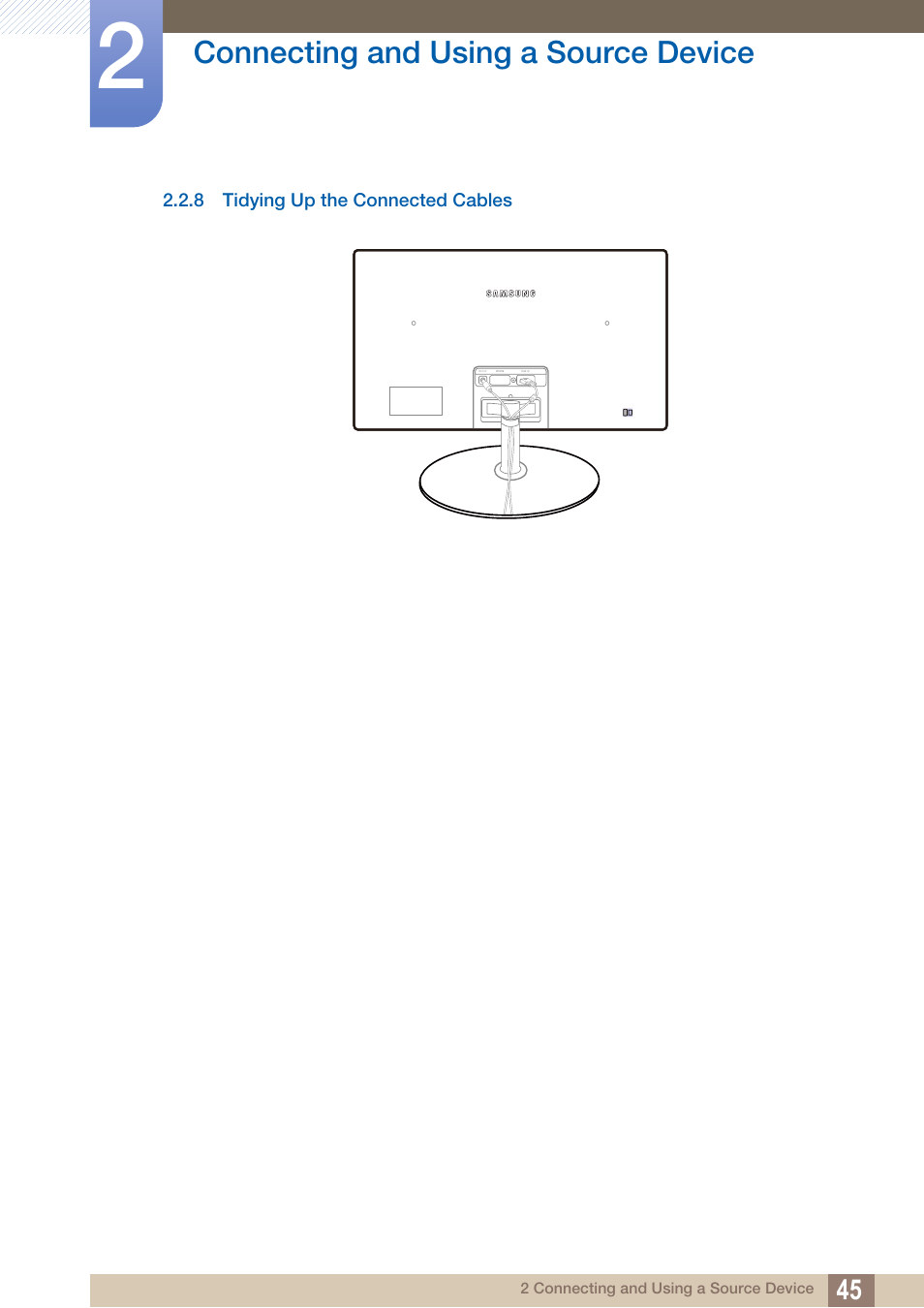 8 tidying up the connected cables, Tidying up the connected cables, Connecting and using a source device | Samsung LS27C350HS-ZA User Manual | Page 45 / 157