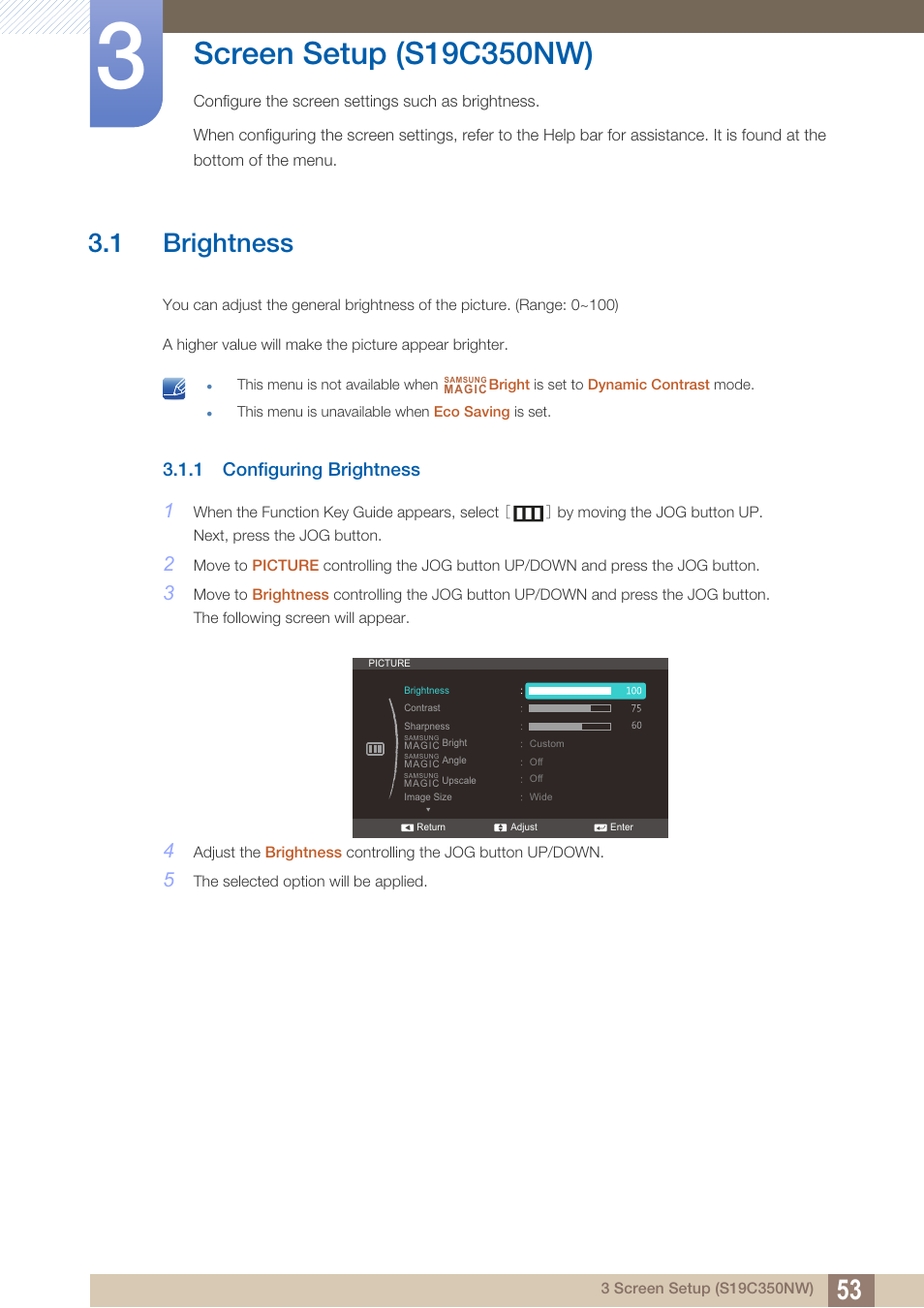 Screen setup (s19c350nw), 1 brightness, 1 configuring brightness | Screen setup, S19c350nw), Brightness, Configuring brightness | Samsung LS27C350HS-ZA User Manual | Page 53 / 157