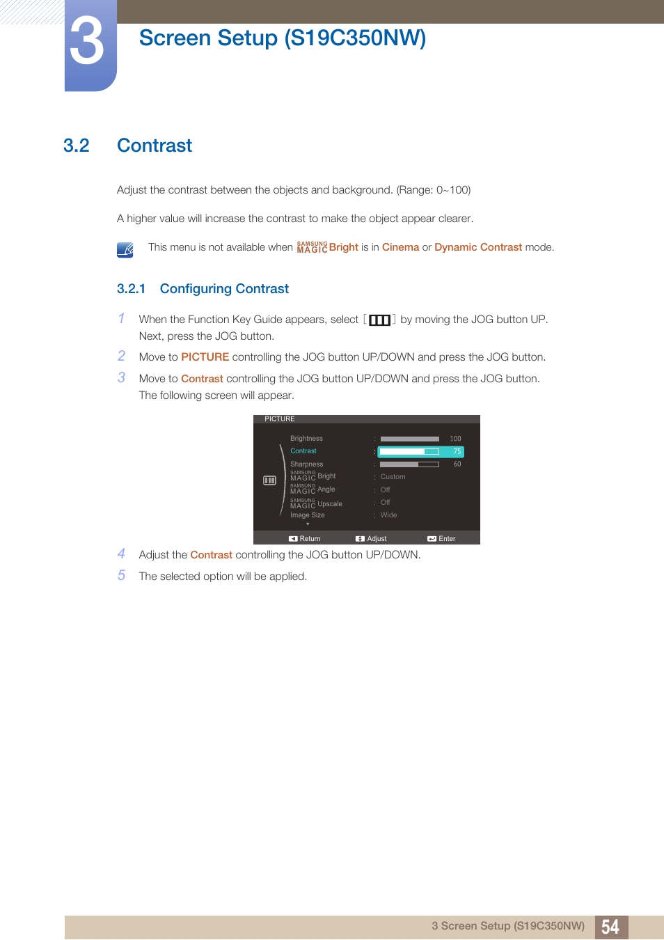 2 contrast, 1 configuring contrast, Contrast | Configuring contrast | Samsung LS27C350HS-ZA User Manual | Page 54 / 157