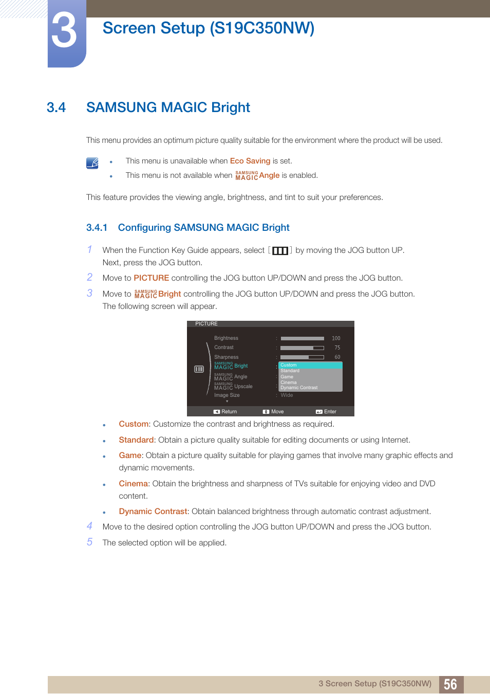 4 samsung magic bright, 1 configuring samsung magic bright, Samsung magic bright | Configuring samsung magic bright | Samsung LS27C350HS-ZA User Manual | Page 56 / 157